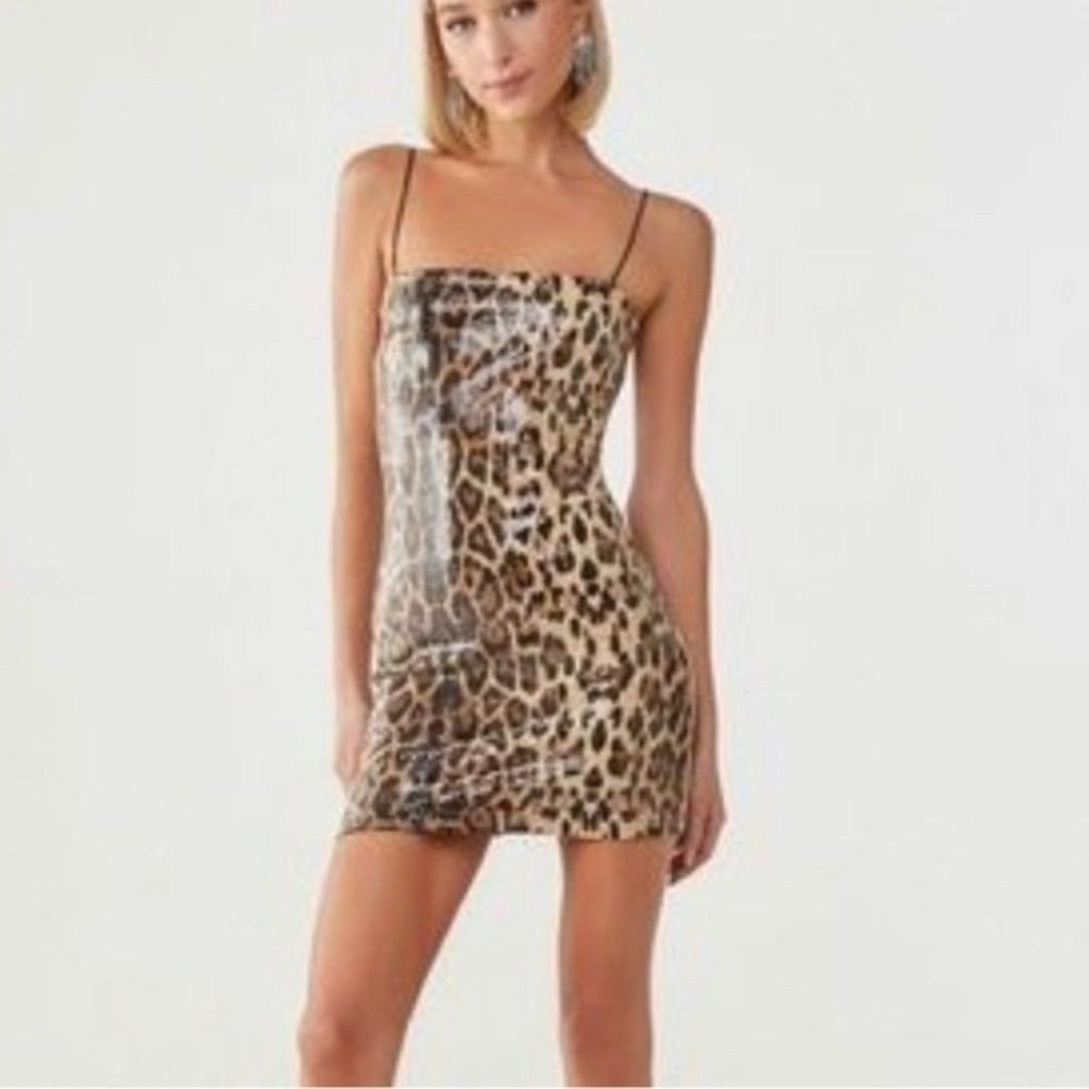 Forever 21 leopard sequin print mini dress with spaghetti straps